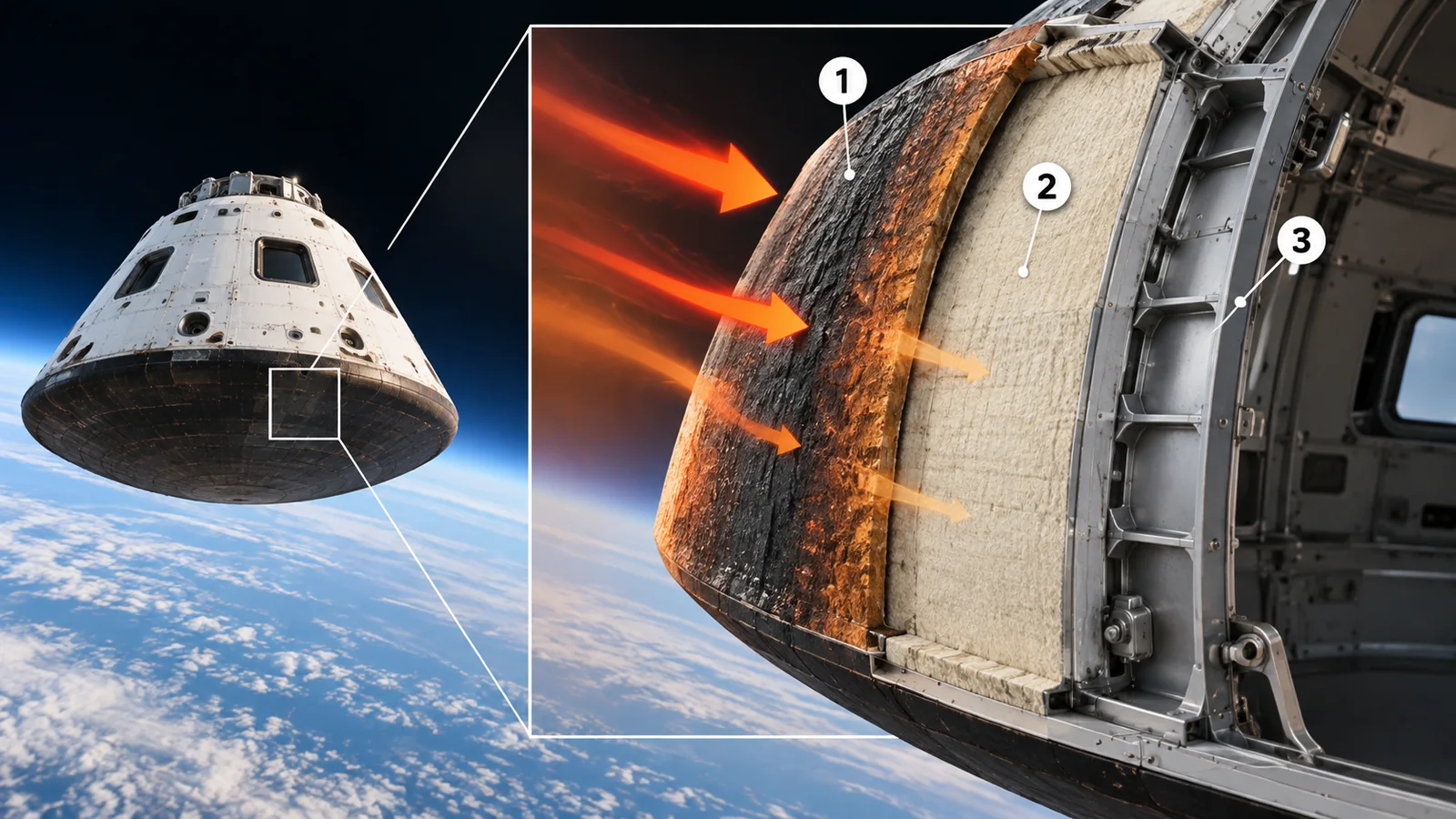 Separate 1 outer surface, 2 thermally protective layer and 3 structure. This is not a certified vehicle stack, damage record or safety margin.