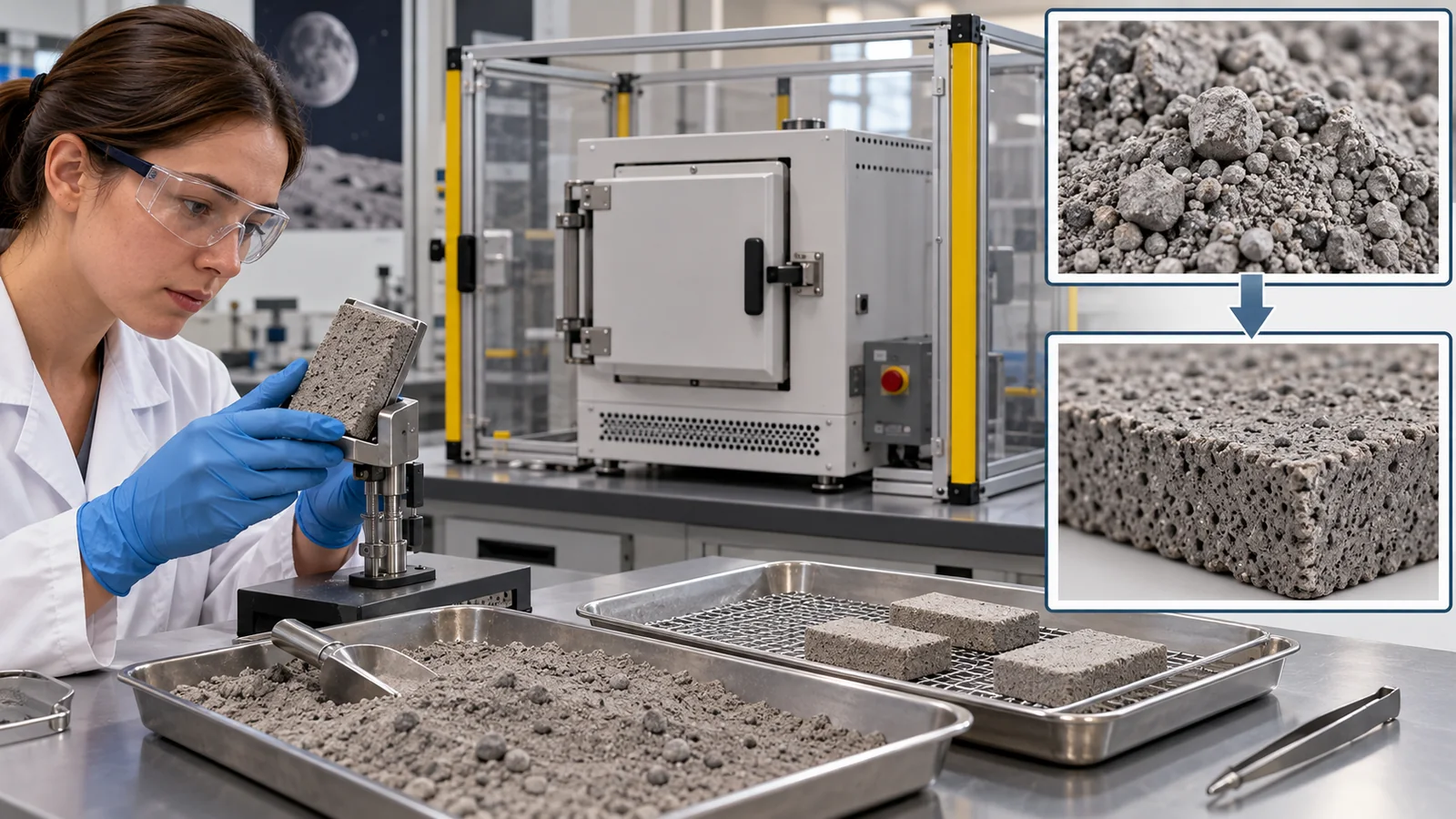 Powder is sintered into test coupons for later evaluation. Appearance or one strength result does not qualify a lunar construction material.
