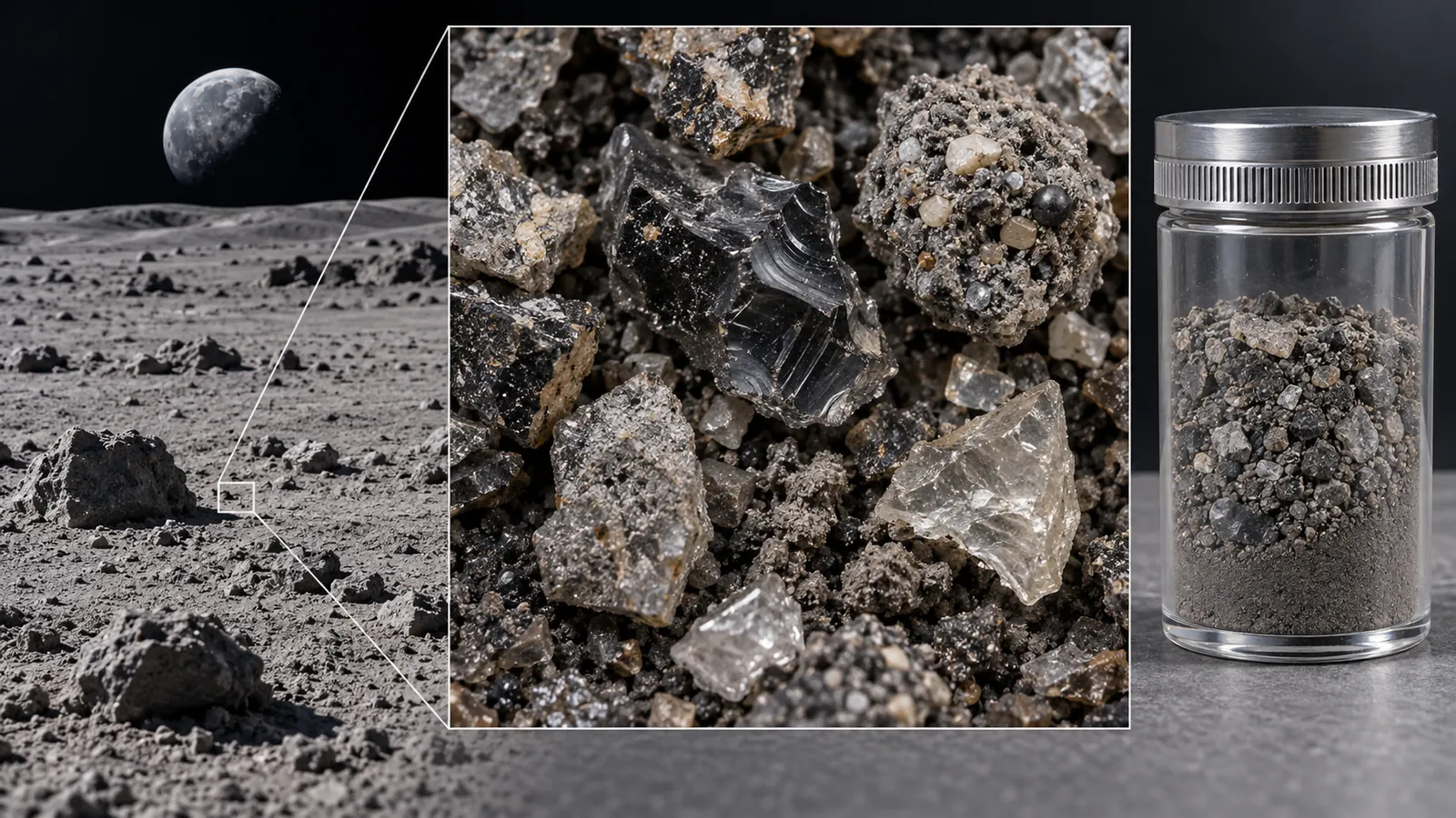 A model of angular grains and agglutinates in regolith. Local composition, particle sizes and resource quantities cannot be inferred from this picture.