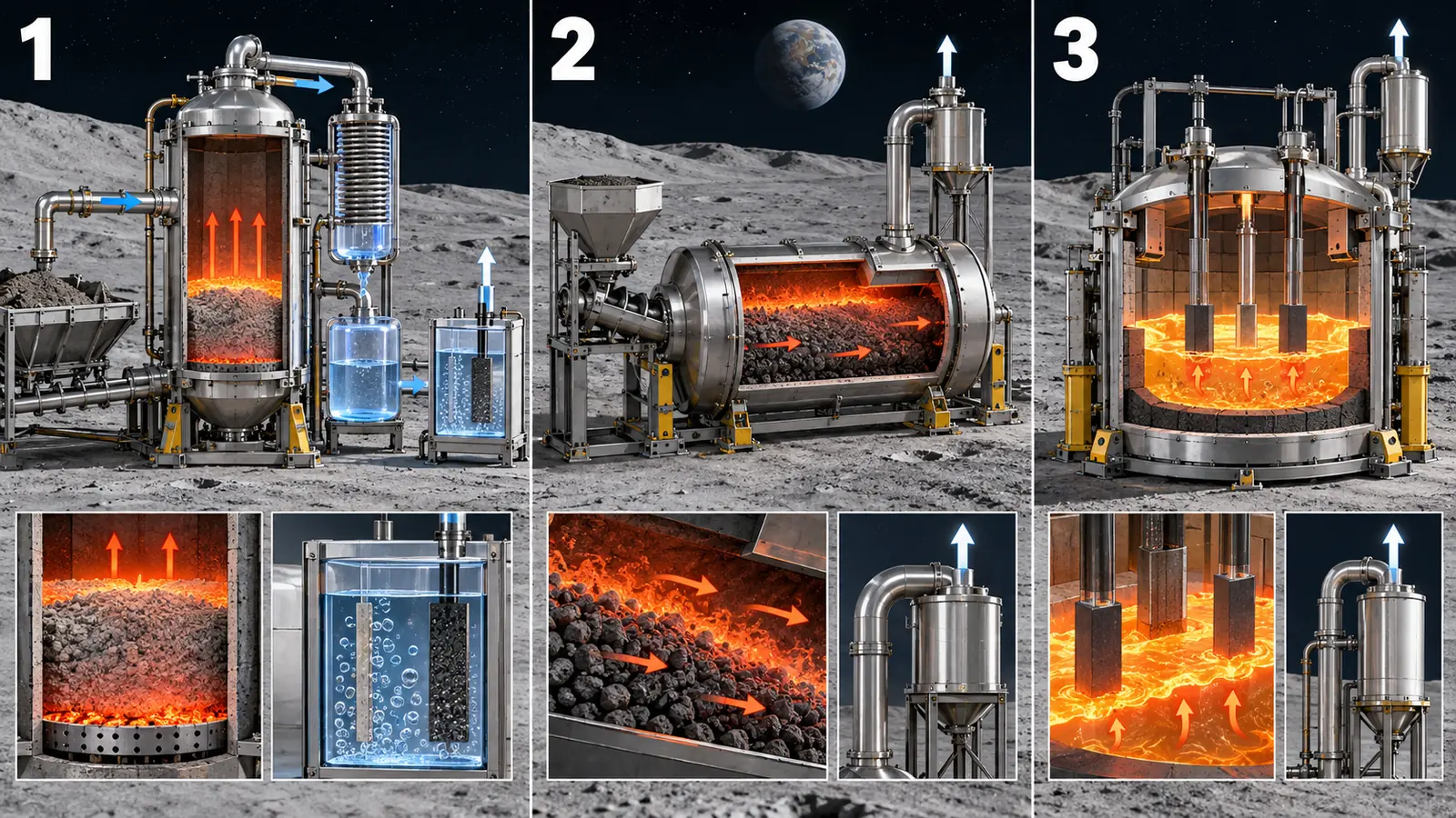 Separate 1 hydrogen reduction, 2 carbothermal reduction and 3 molten-regolith electrolysis. Read conditions and yields in the text; these are not operational lunar production lines.
