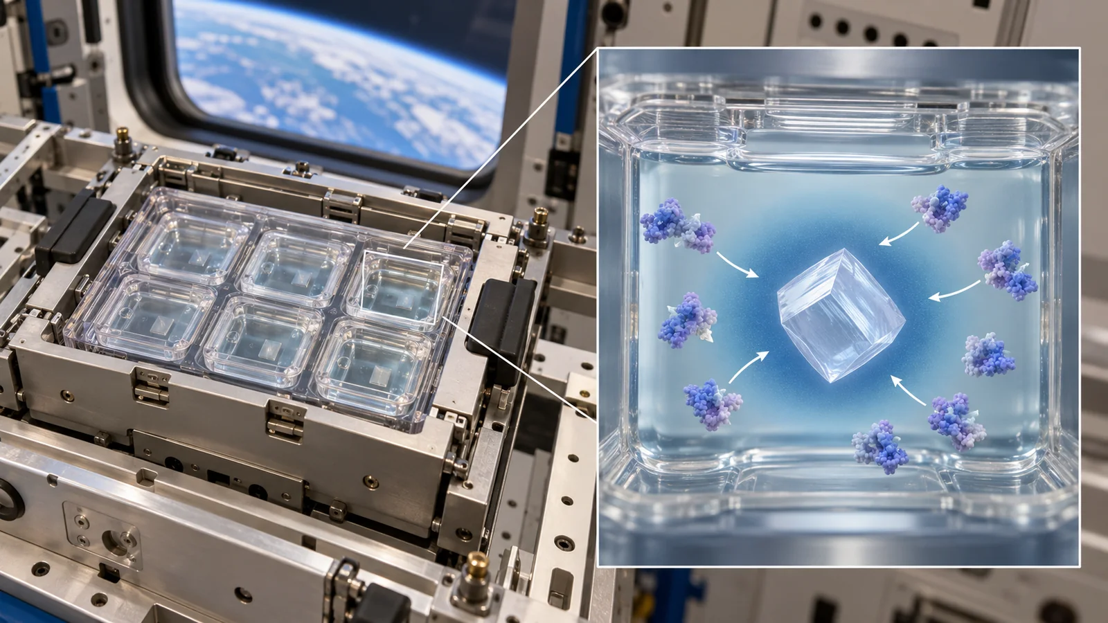 A sealed experimental cartridge and an enlarged model of concentration around a crystal. Studying molecular structure and producing formulation particles are different aims.