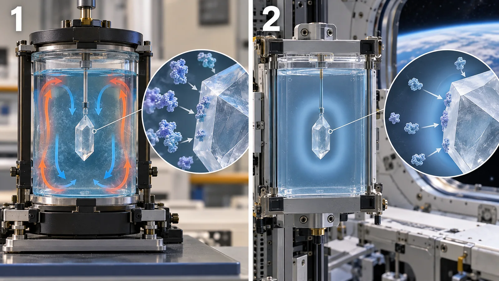 Flow and diffusion change how solute reaches a crystal. The coloured zone is a concentration concept, not a measured image or guaranteed diffraction resolution.