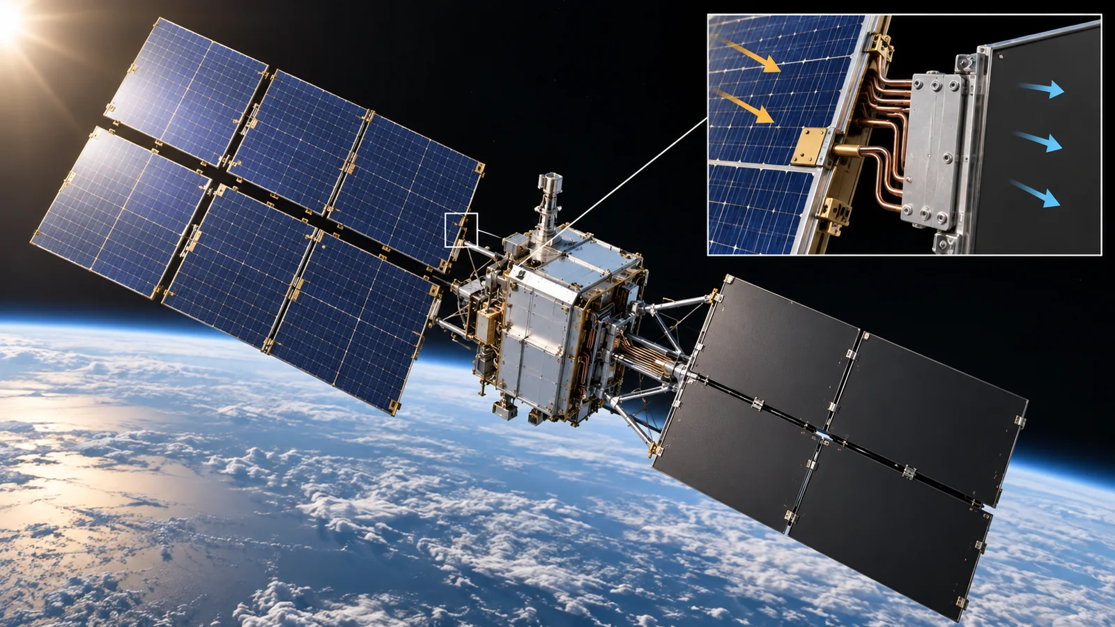A future concept distinguishes electricity-generating solar arrays from heat-rejection radiators. Cold space does not make computing waste heat disappear automatically.