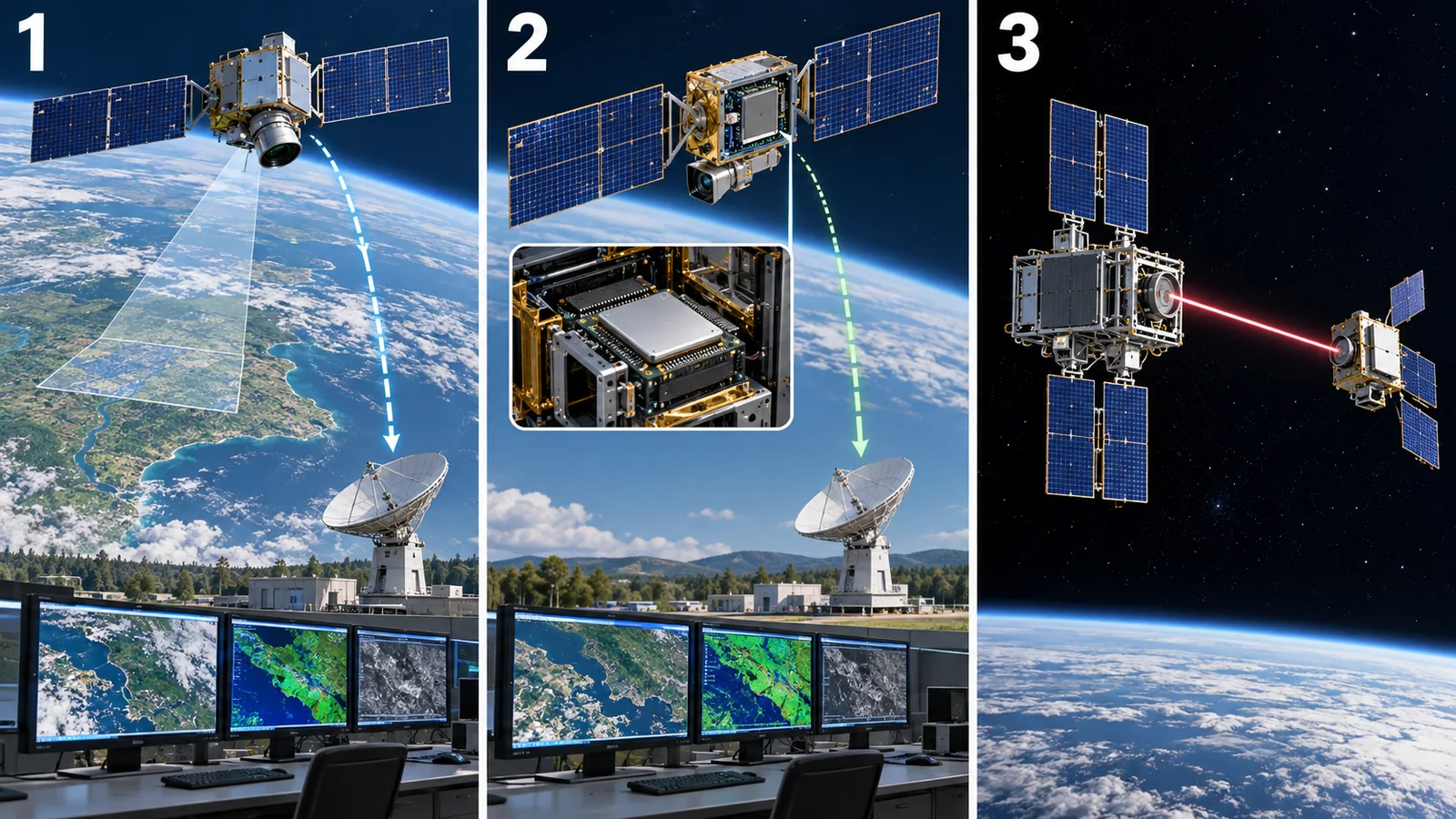 Separate 1 ground processing, 2 onboard processing and 3 a separate orbital-node concept. Panel 3 is not evidence of an operating large commercial installation.