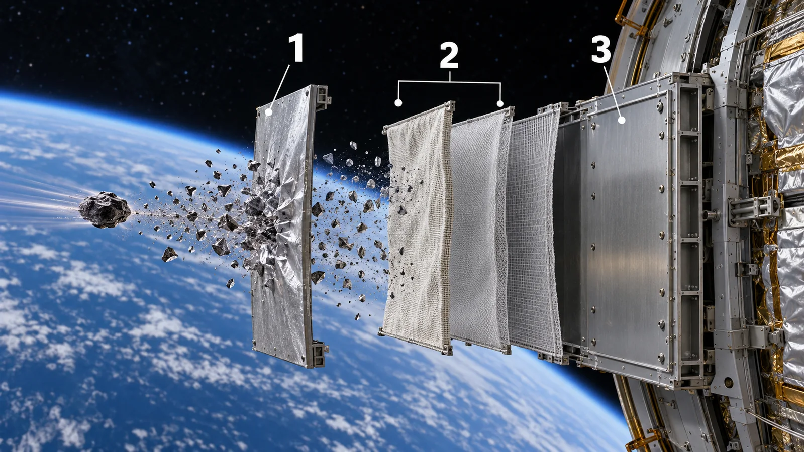 1 an outer bumper breaks the fragment, 2 spacing/intermediate layers act on the cloud, 3 a rear wall is protected. It is not a shield against every debris threat.