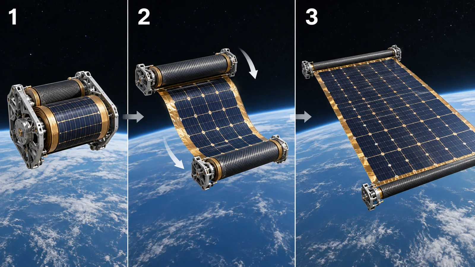 Three stages show a rolled blanket extending with deployable booms. This differs from rigid accordion panels; dimensions and timing are schematic.