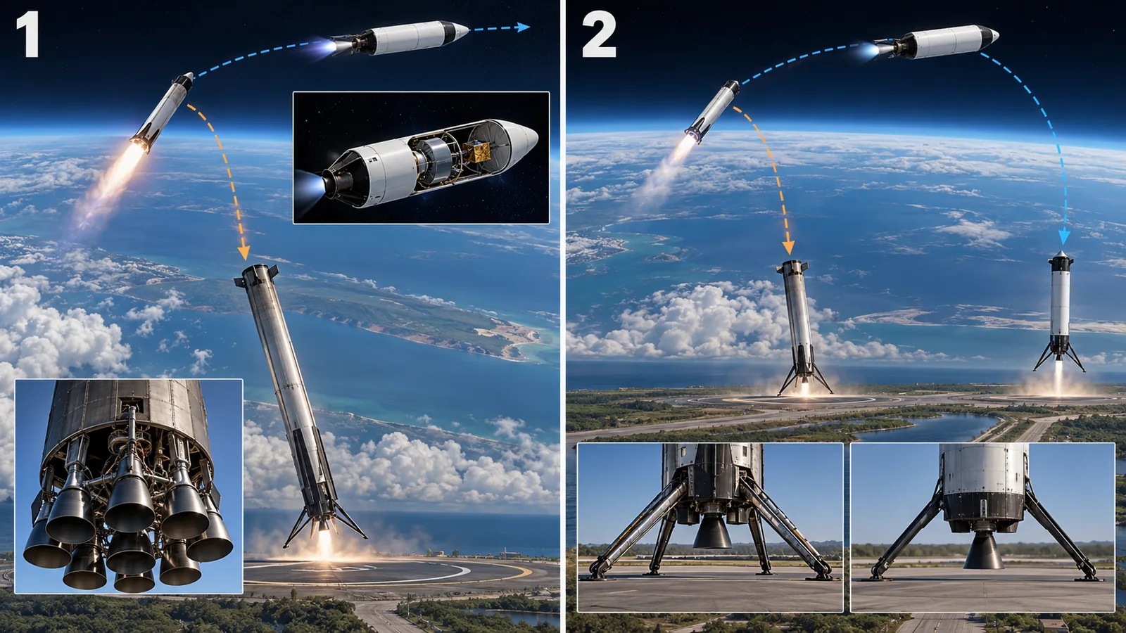 Separate 1 first-stage return from 2 a full-reuse concept. Paths and sizes are schematic; the image is not evidence that full reuse has been achieved.
