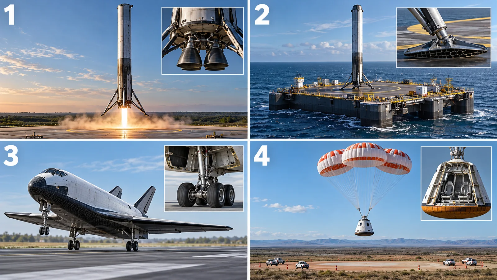 Separate 1 ground vertical landing, 2 offshore vertical landing, 3 runway landing and 4 parachute recovery. These are different methods, not one vehicle’s sequence.