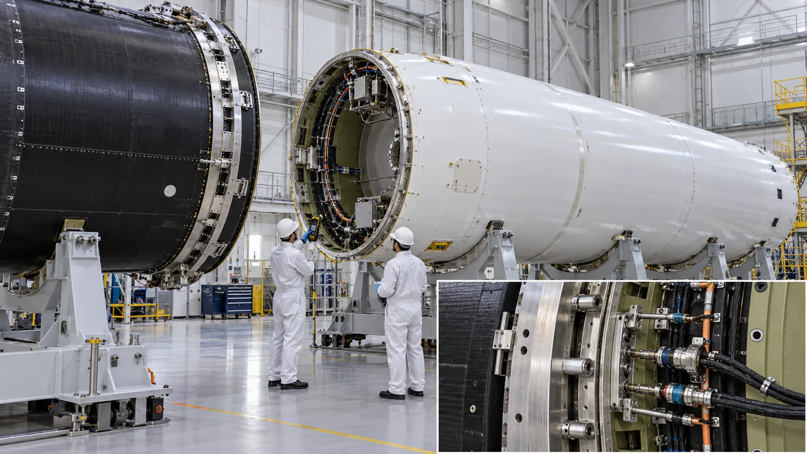 Look at the joint between stages. The framed enlargement shows mechanical load paths and electrical connections, separately from full-scale hardware.