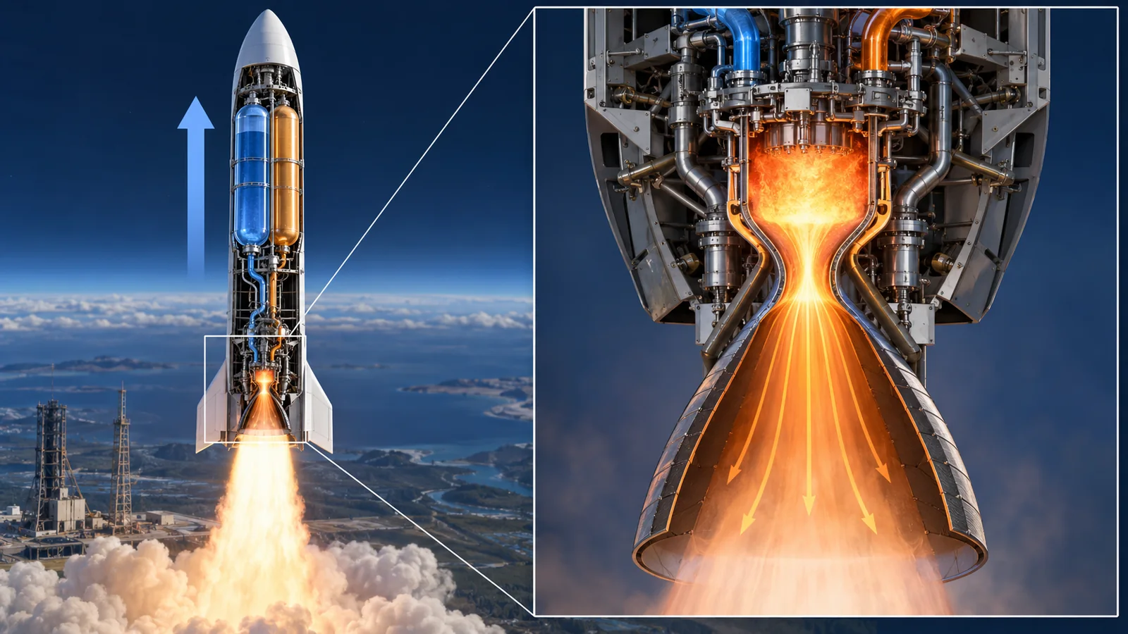 The vehicle receives force opposite the exhaust. It carries fuel and oxidiser and does not need to push against ambient air. Arrows schematically show force and flow.