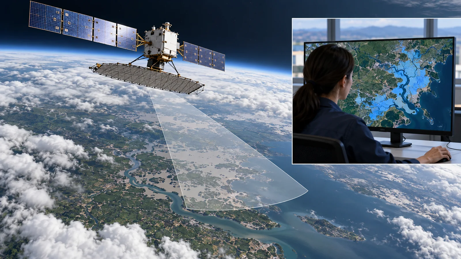 The scene separates satellite observation from ground-side data use. Coloured footprints and maps are illustrative, not measured imagery.