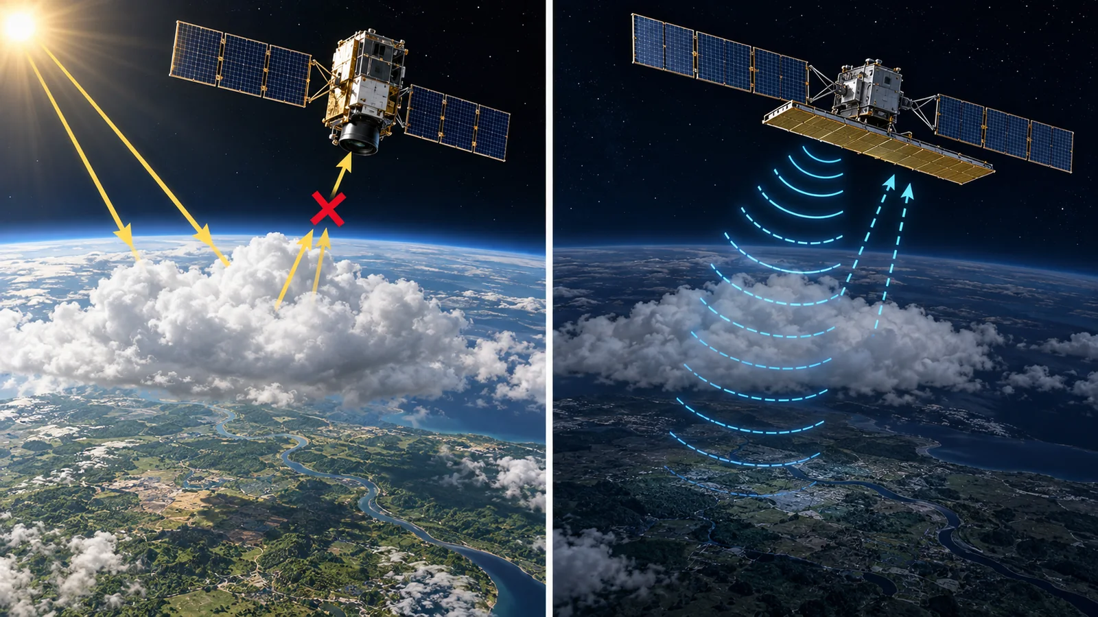 Optical sensing receives light from the ground and is obstructed by cloud. SAR observes echoes of its own radio signal. Paths are schematic; radar does not pass through every material.