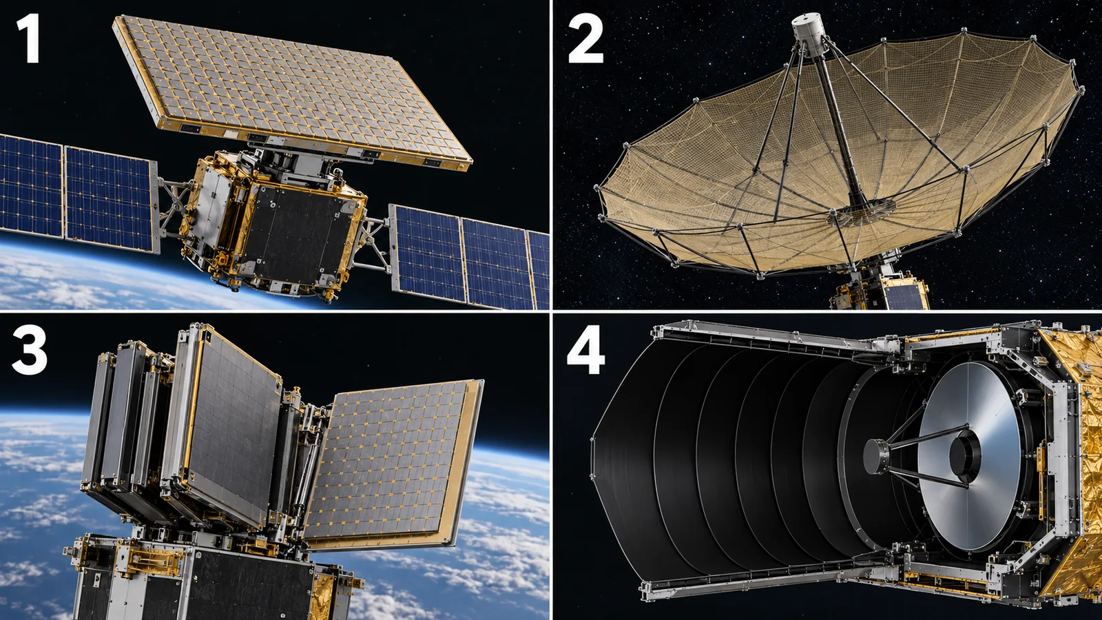 Distinguish 1 planar array, 2 deployable reflector, 3 folding panels and 4 optical telescope. Apparent size alone does not determine resolution or performance.