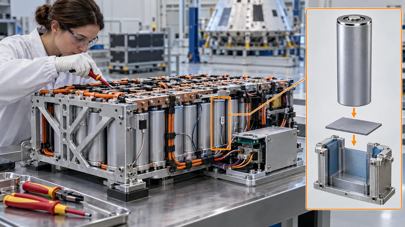 A battery pack combines cells, mechanical restraint, interconnects, temperature sensing and monitoring. Space use requires structural and thermal evaluation too.