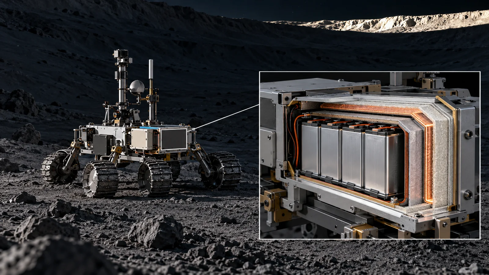 A battery in shadow needs temperature management as well as stored energy. The rover and enlarged enclosure are at different scales, not evidence of an actual night-survival capability.