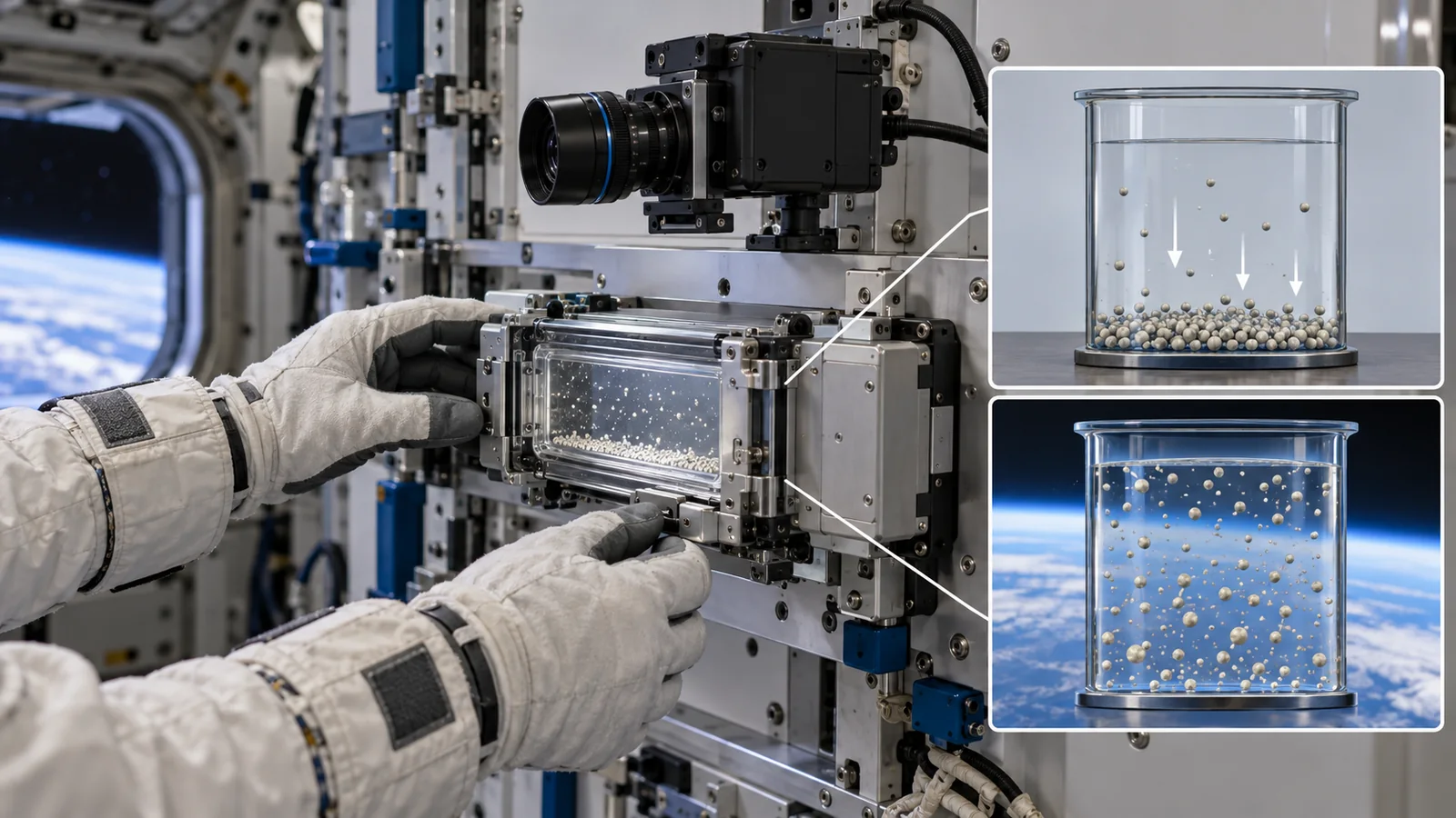 Microgravity does not mean gravity disappears: apparatus and sample fall together. The inset is a model illustrating differences in settling and flow.