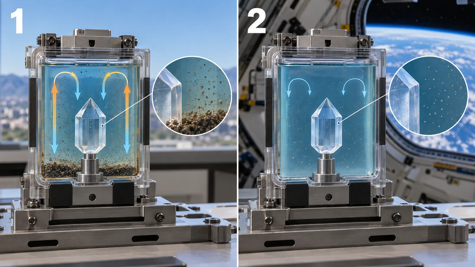 Panels 1 ground and 2 free fall show different settling and flow. Microgravity does not guarantee better quality for every material.