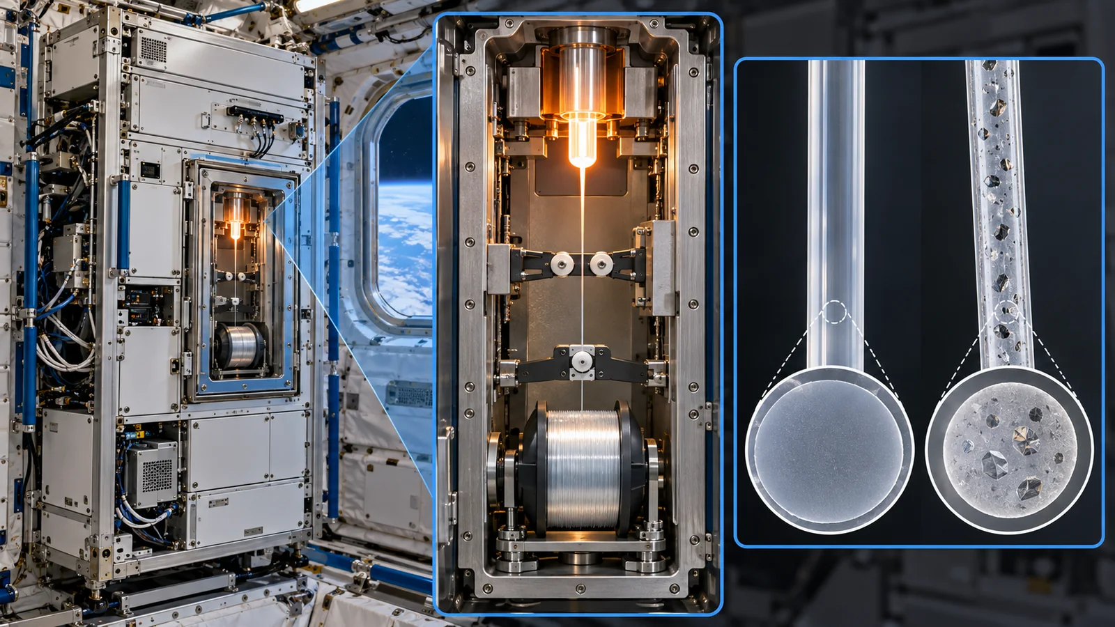 A preform is heated, fibre is drawn and taken up. Producing fibre in orbit differs from supplying consistent length, quality and viable economics.