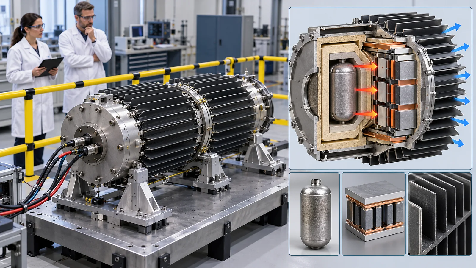 An explanatory RTG mock-up: isotope heat is converted to electricity. It is not a fission reactor. The sealed heat source, thermoelectric elements and fins have different roles.