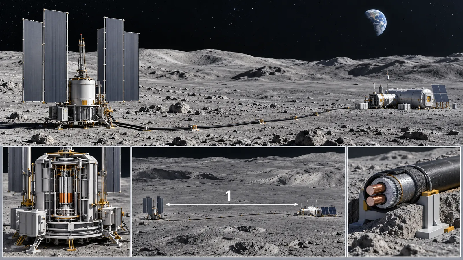 A future lunar fission-power concept, not a demonstrated installation. Distinguish the power unit, radiators, transmission cable and user facility.