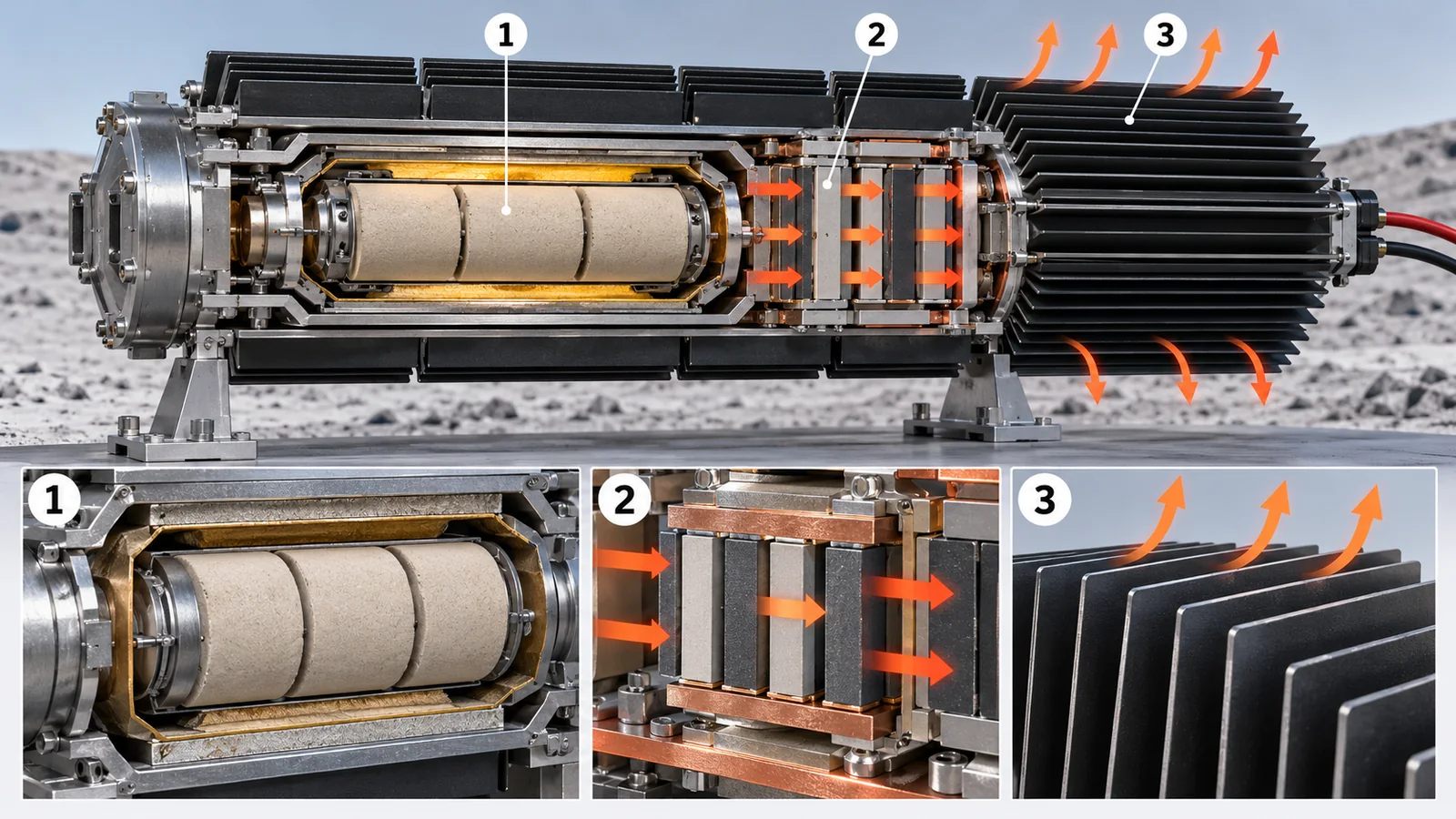 1 sealed heat source, 2 thermoelectric elements converting a temperature difference, 3 heat-rejection fins. An RTG does not use a fission chain reaction.