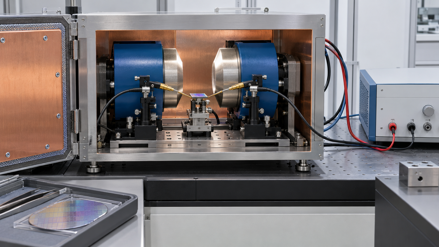 A magnetic field is applied to the sample while probes measure electrical resistance