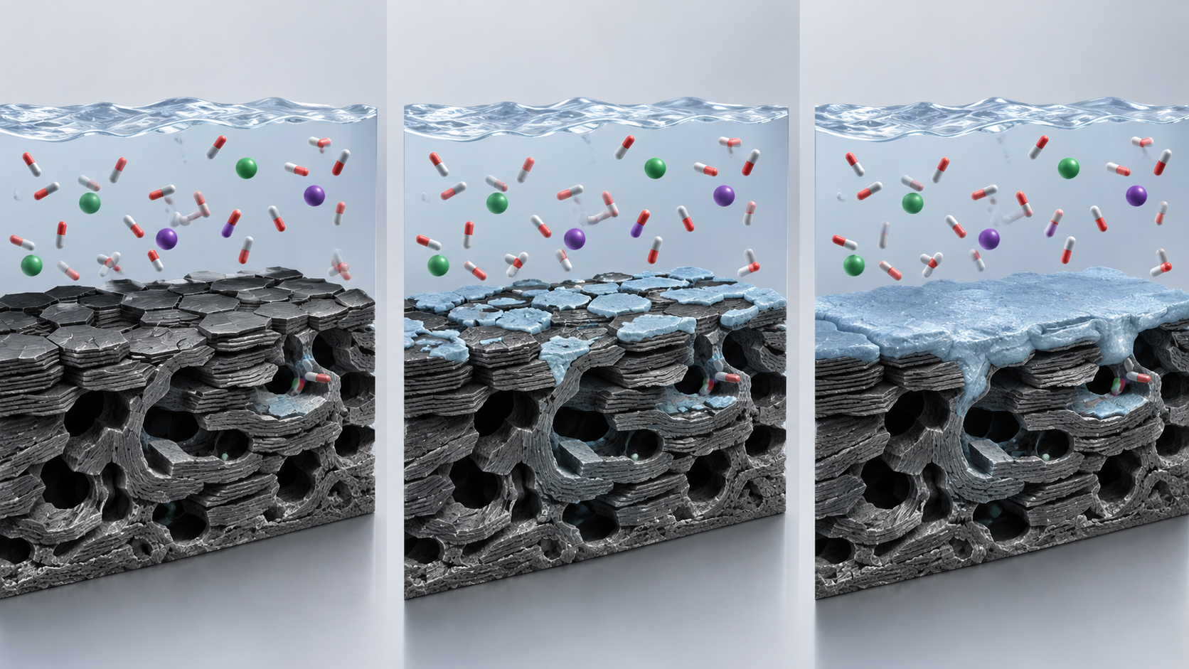 From left: before film formation, film developing during the first charge, and a later passivating film