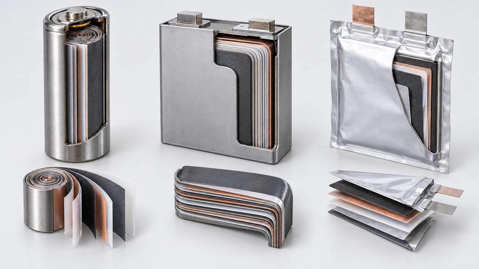 From left: a cylindrical jelly roll, a flattened roll in a prismatic can, and a flat stack in a pouch