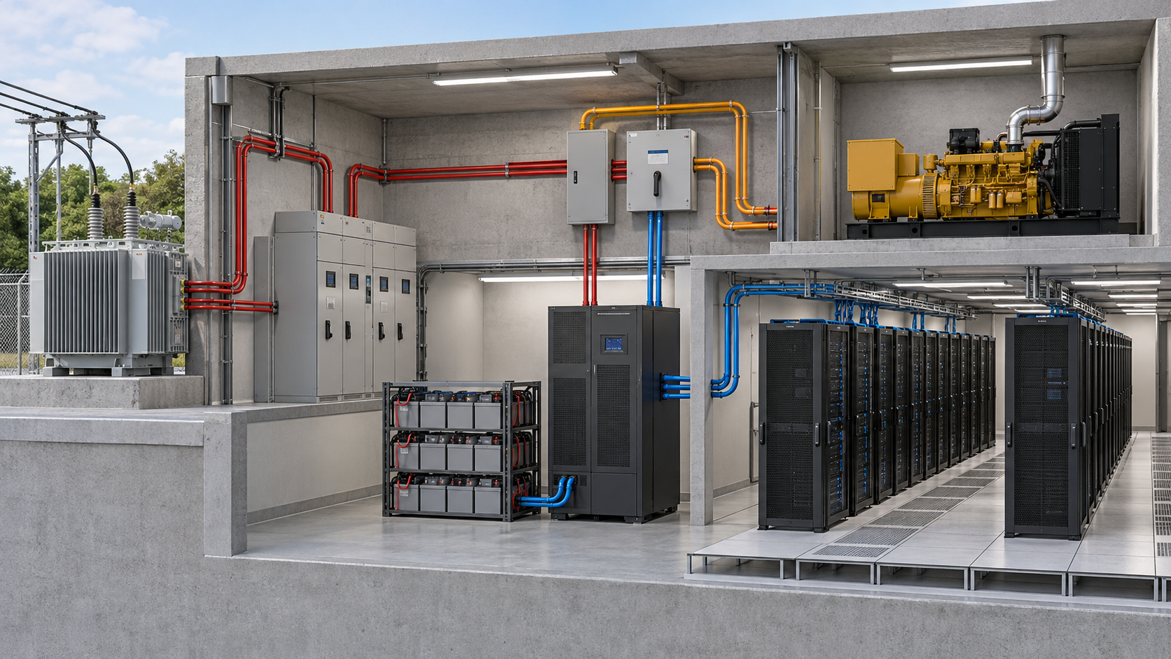 The model separates incoming supply, UPS, batteries and servers