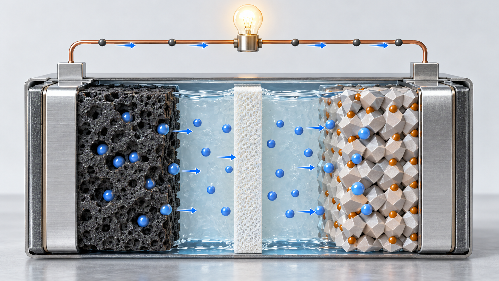 The model locates aluminium collectors, hard-carbon anode, separator and cathode