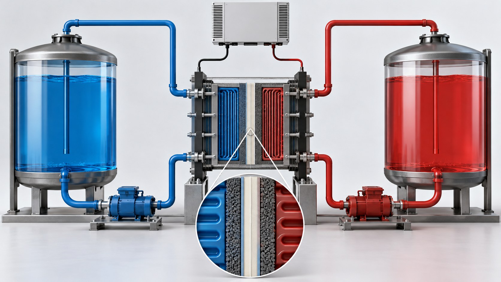 Each tank has a separate circulation loop, with the two sides separated by a membrane in the stack