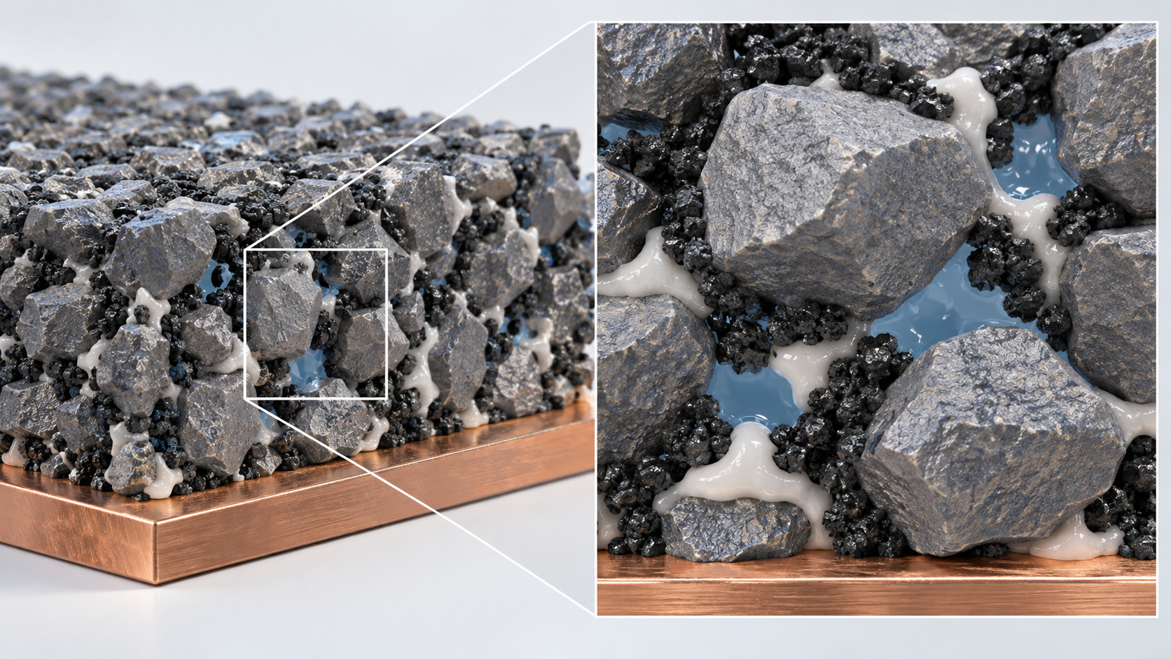Distinguish active particles, fine conductive additives, binder contacts and electrolyte-accessible pores
