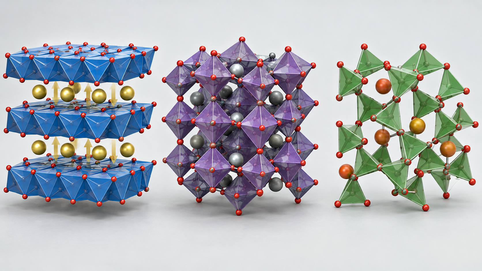 From left: layered, spinel and polyanion framework models