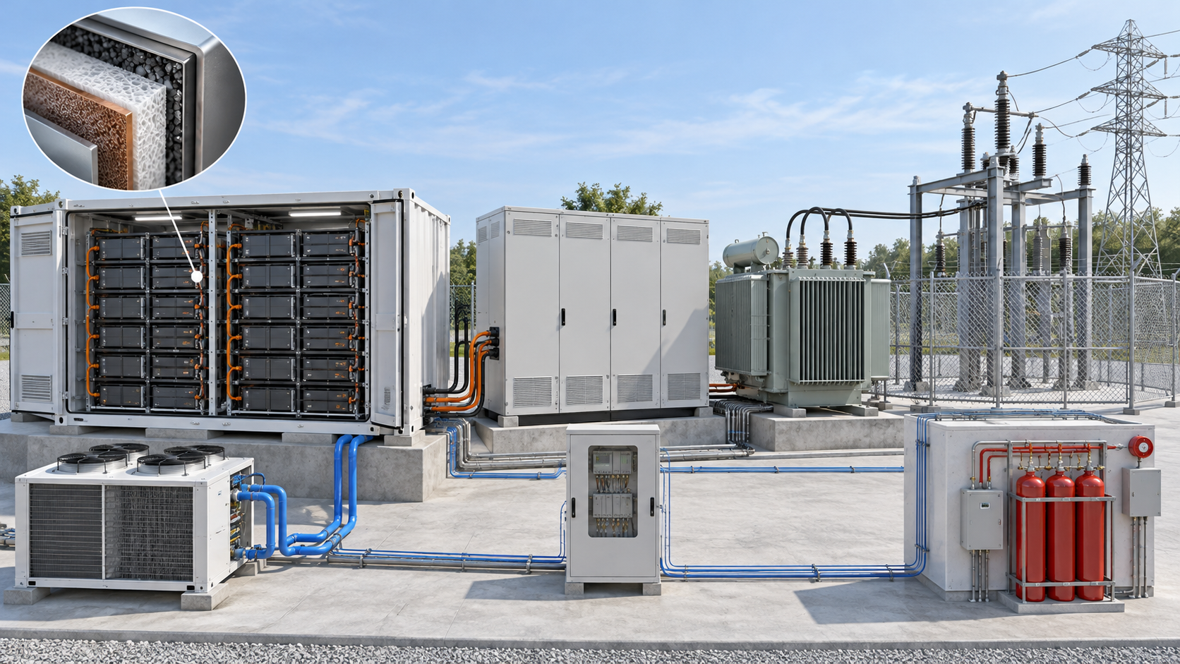 The example separates batteries, power conversion, transformation and grid connection