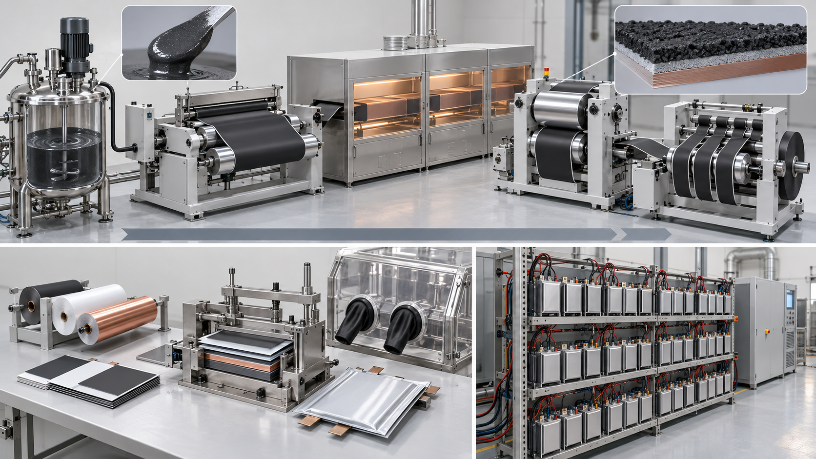 Mixing, coating, drying, calendering and slitting precede cell assembly and formation