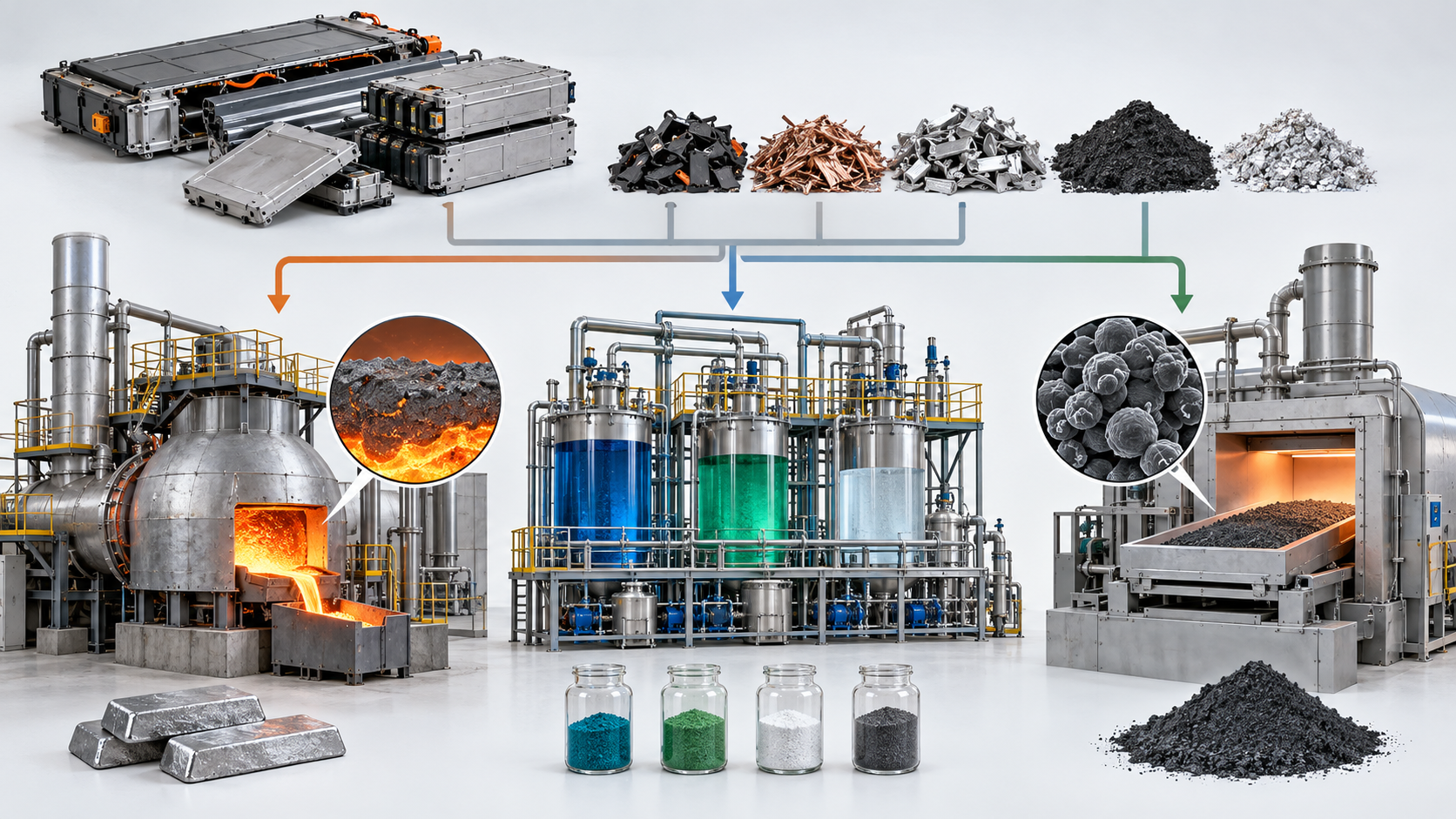 After pretreatment, routes include high-temperature processing, liquid-based separation and material-preserving regeneration