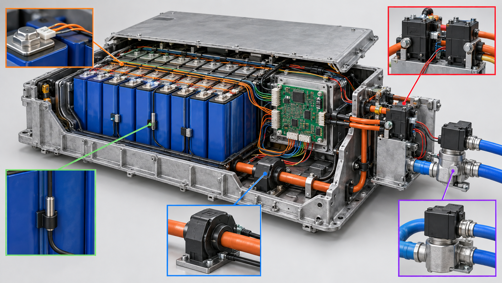 Voltage, current and temperature inputs feed a controller that commands contactors and cooling