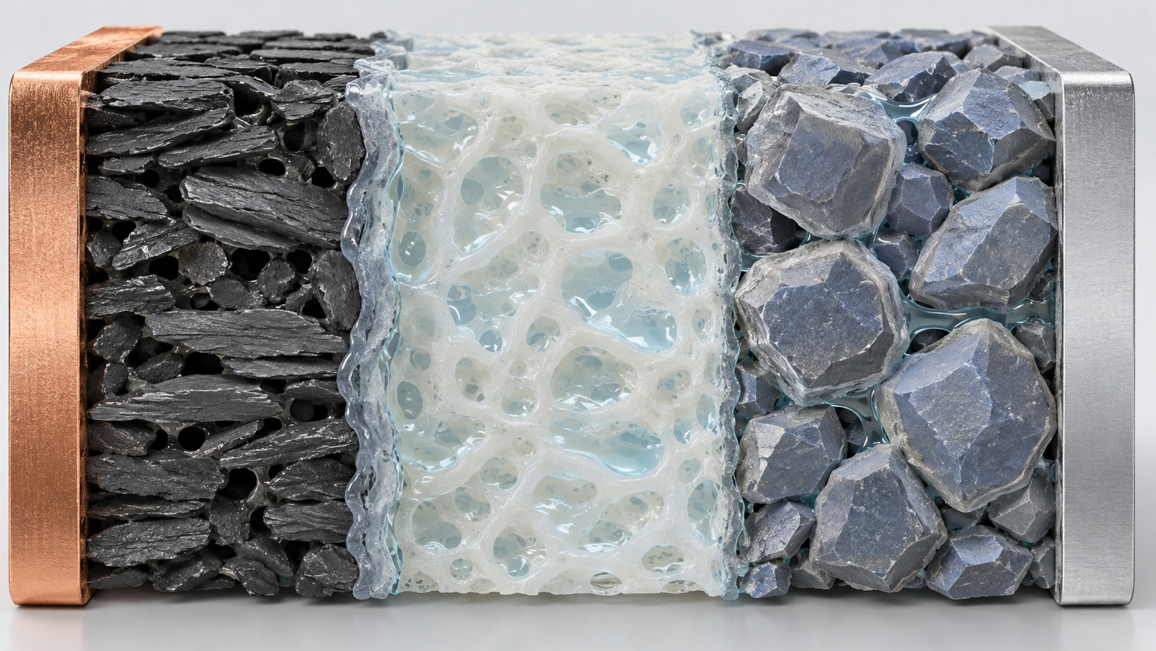 Liquid fills electrode and membrane pores, while the separator keeps electrodes apart