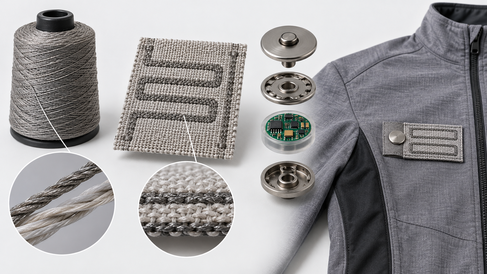 From left: yarn, textile electrode/wiring, connector and garment integration