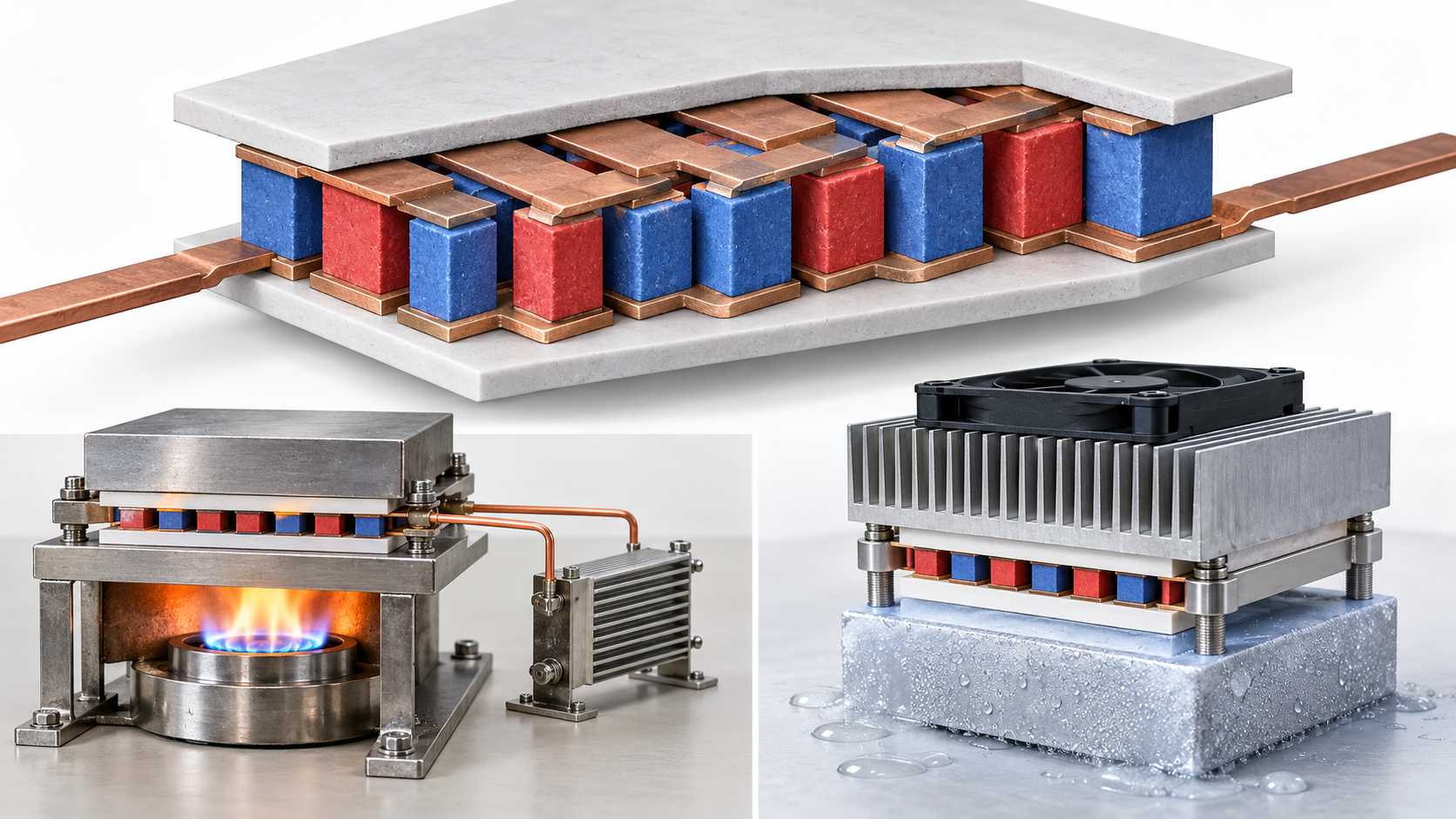 The same type of element is shown generating from a temperature difference and pumping heat when powered
