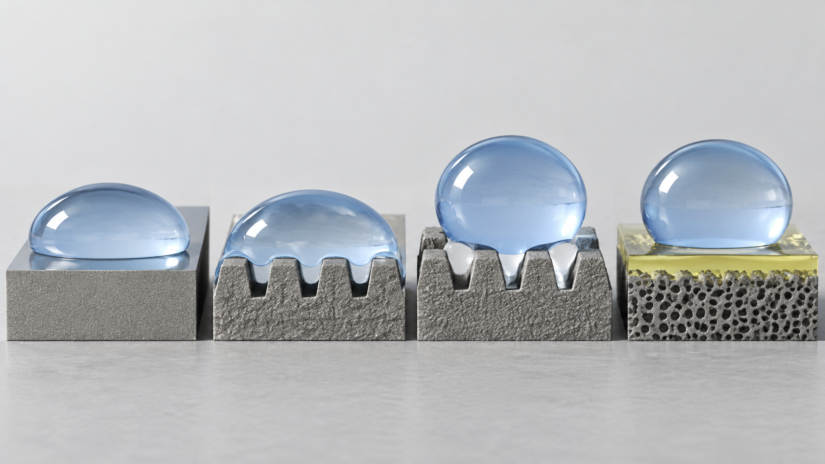From left: smooth surface, fully wetted roughness, trapped-air support and retained lubricant