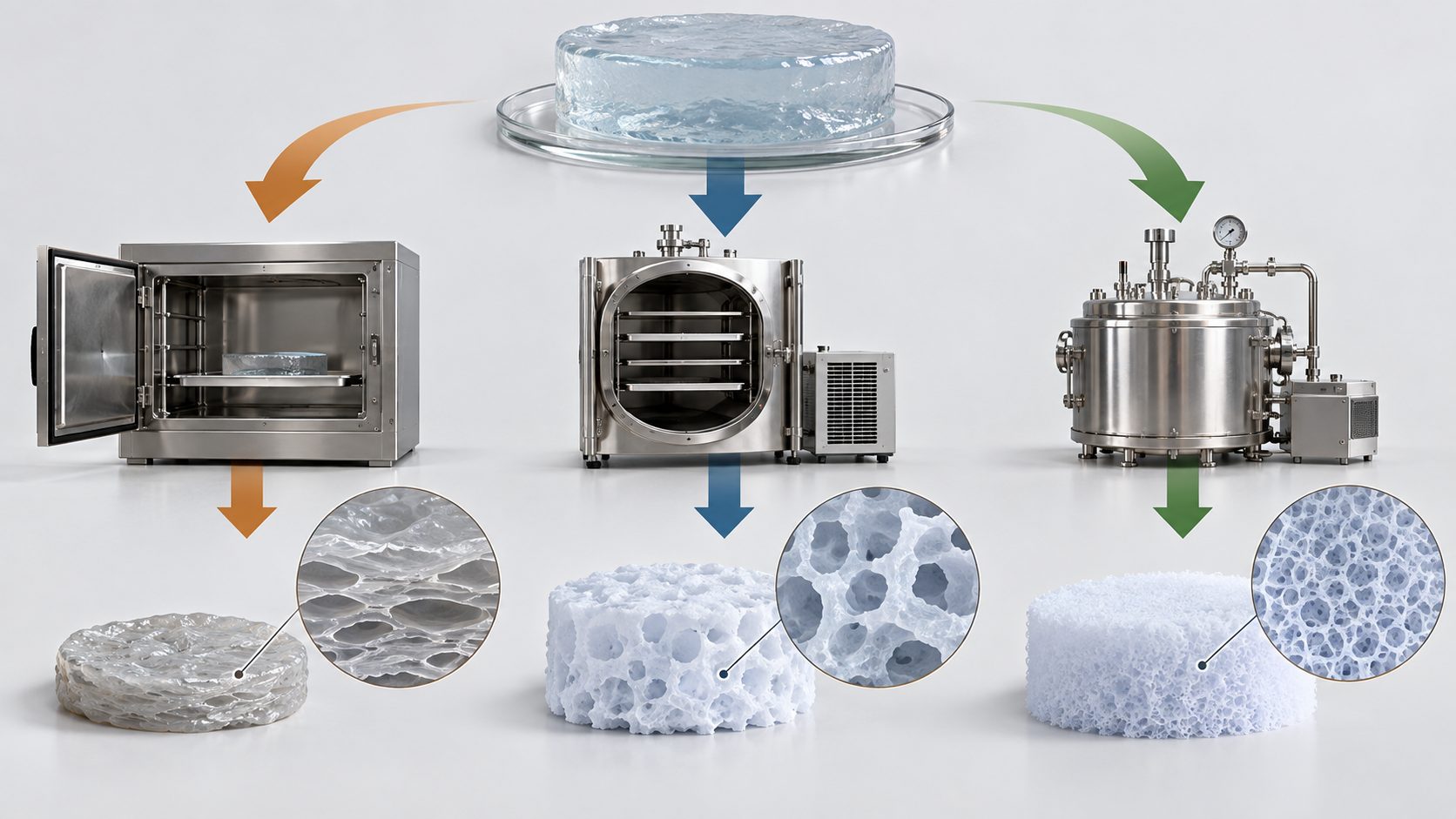 Conventional drying with shrinkage, freeze drying and supercritical drying are compared