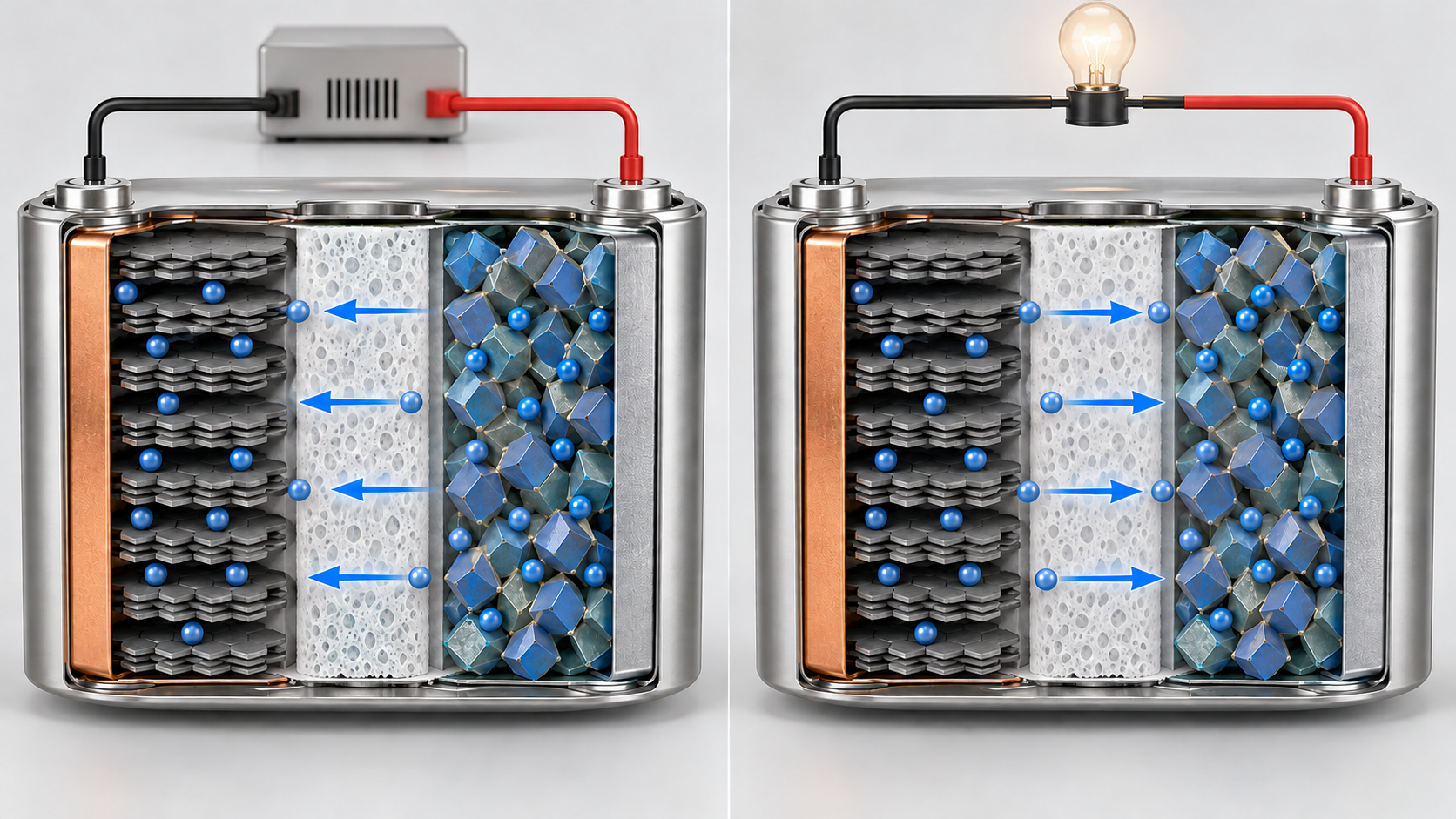 Lithium ions move from cathode to anode during charging and reverse direction during discharge