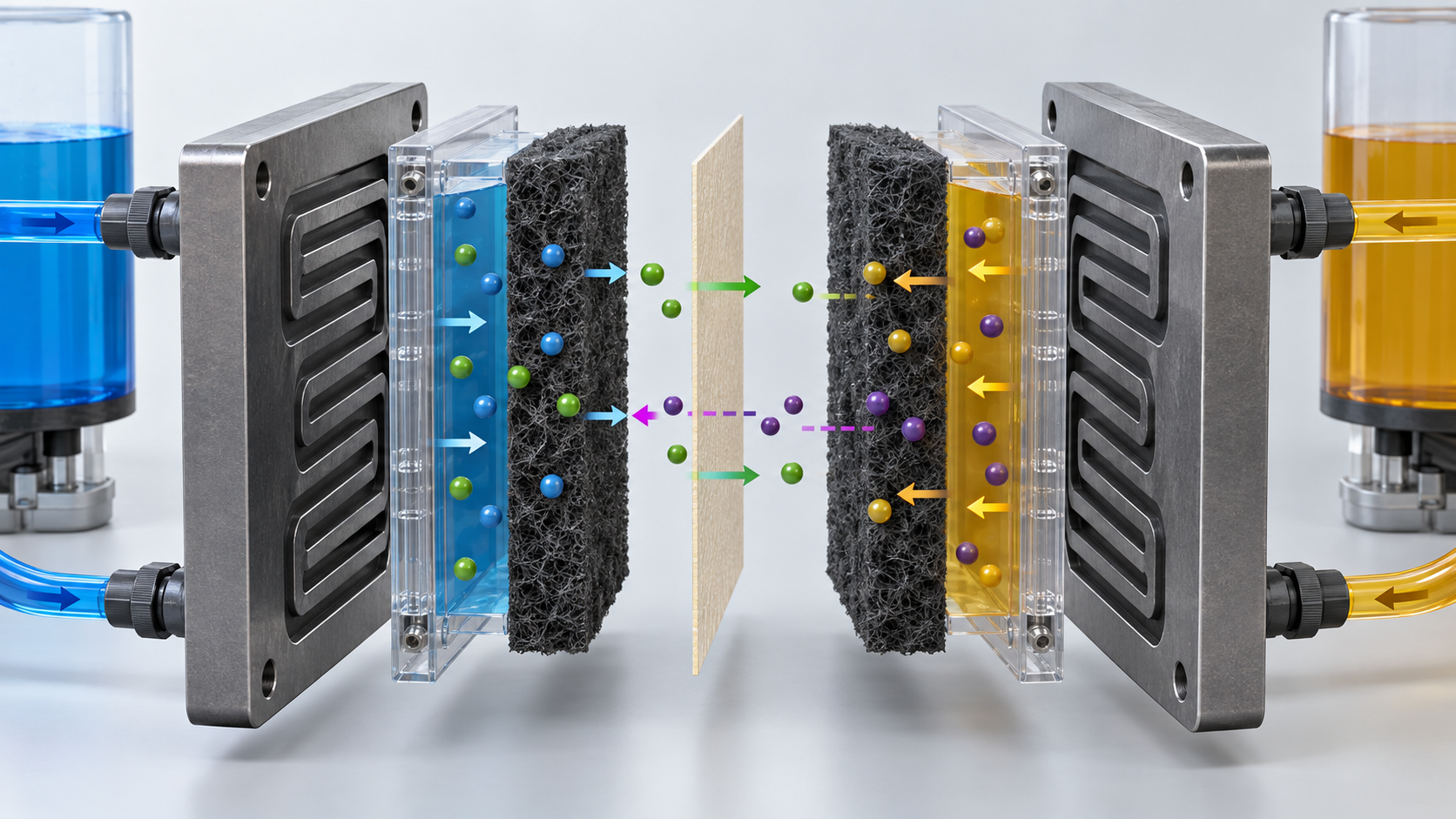 The membrane permits ionic transport while limiting active-species crossover