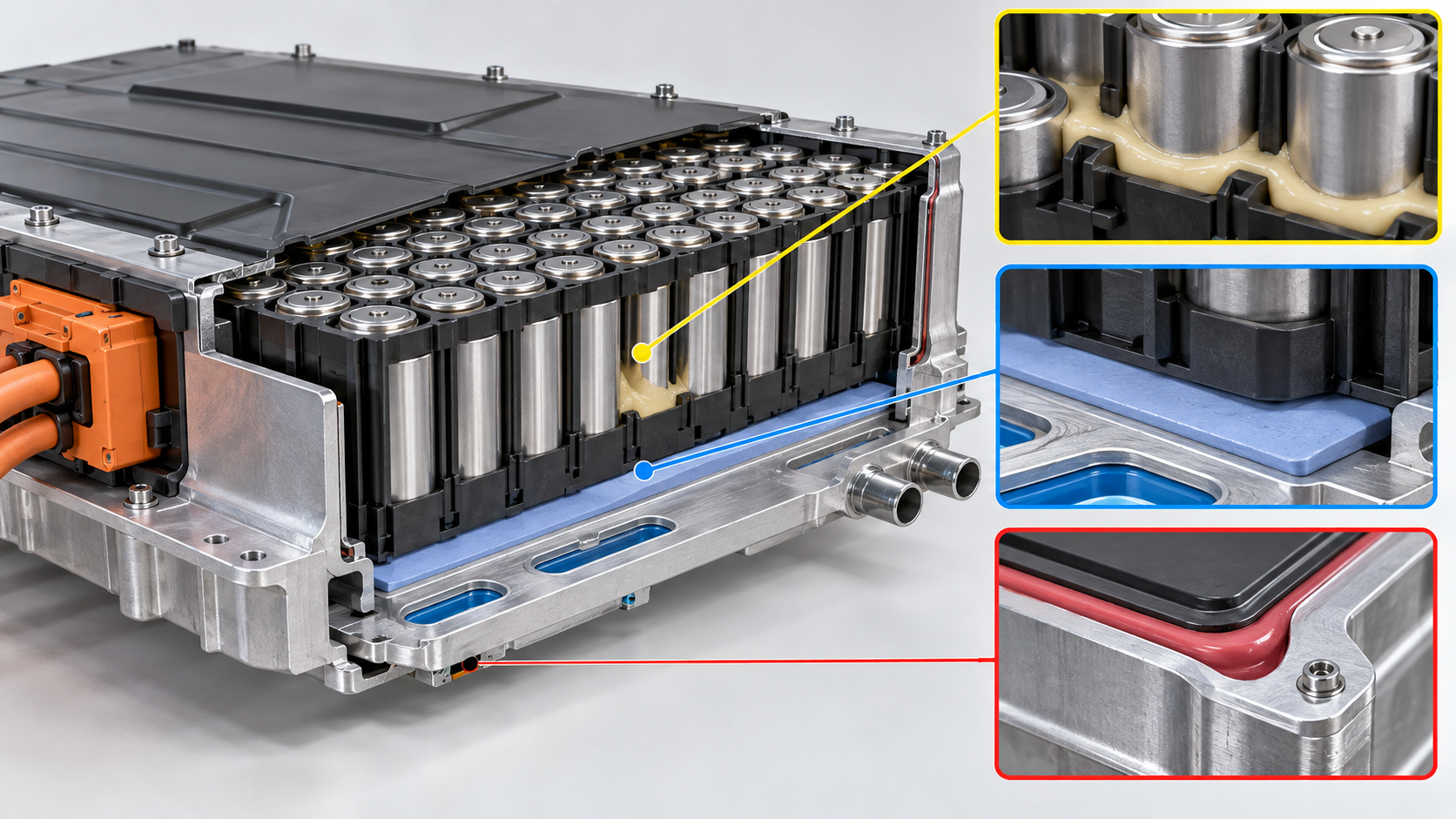 Distinguish inter-cell filling material, thermal material beneath the module and perimeter sealing
