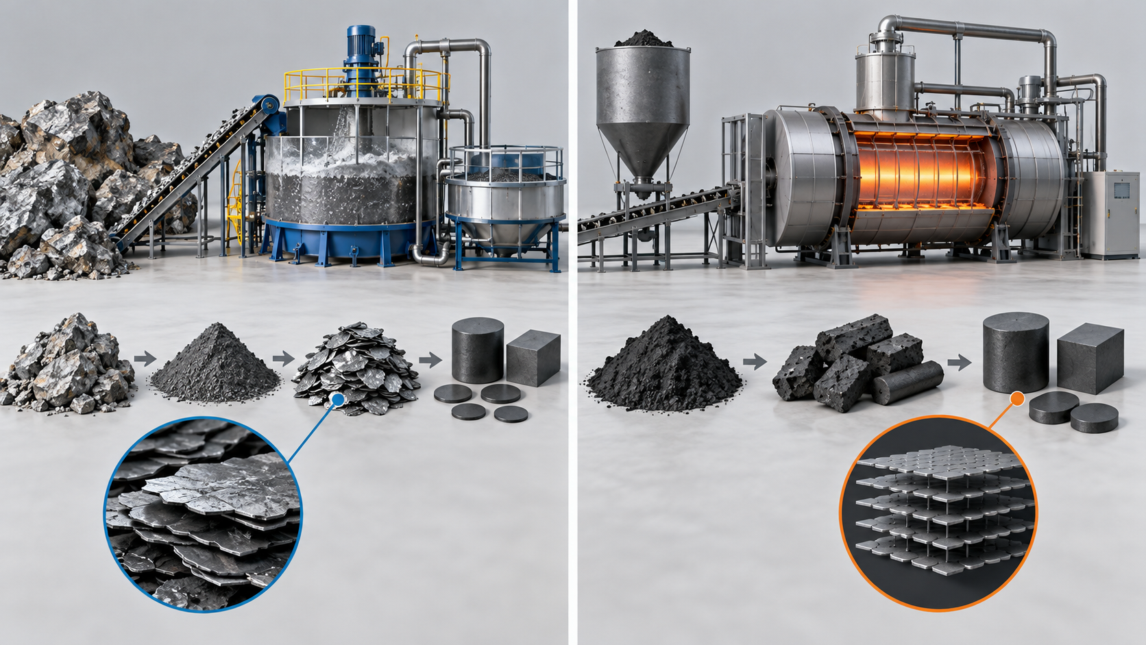 Upper route: natural graphite from ore
