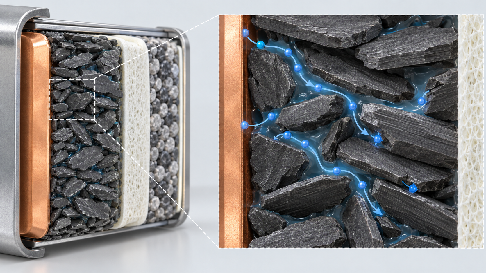 Copper-supported particles and tortuous pores are shown