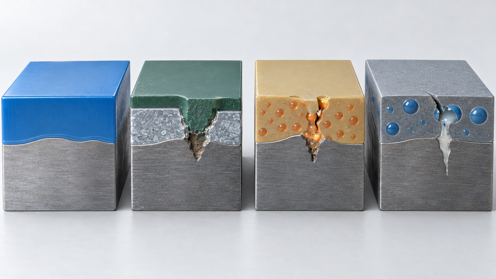 From left: barrier, sacrificial protection, inhibitors and self-repair