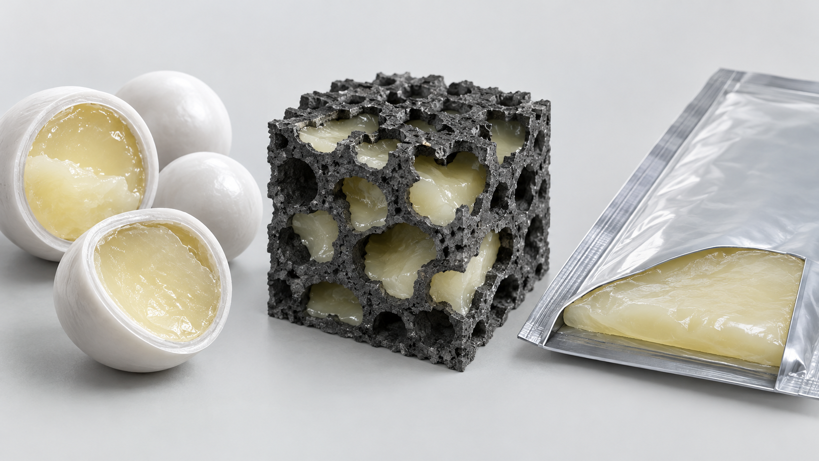 From left: small shells, porous support and a larger pouch contain the material