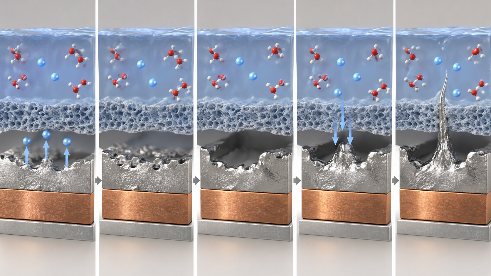 The sequence shows stripping, vacancy accumulation, void formation, concentration at remaining contact, and growth